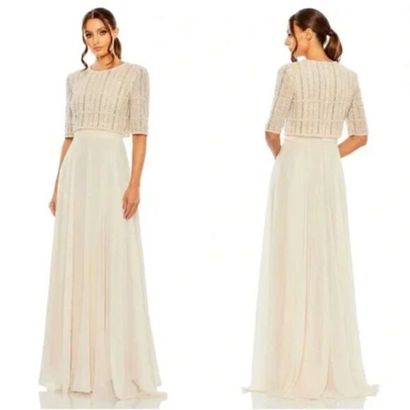 NWT MAC DUGGAL 9180 Nude Chiffon Gown Fully Beaded 1/4 Sleeve Top Size 20 Glam - Picture 2 of 11